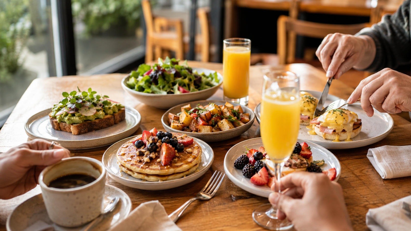 Weekend brunch table with eggs Benedict, pancakes, avocado toast, coffee, and fresh juice