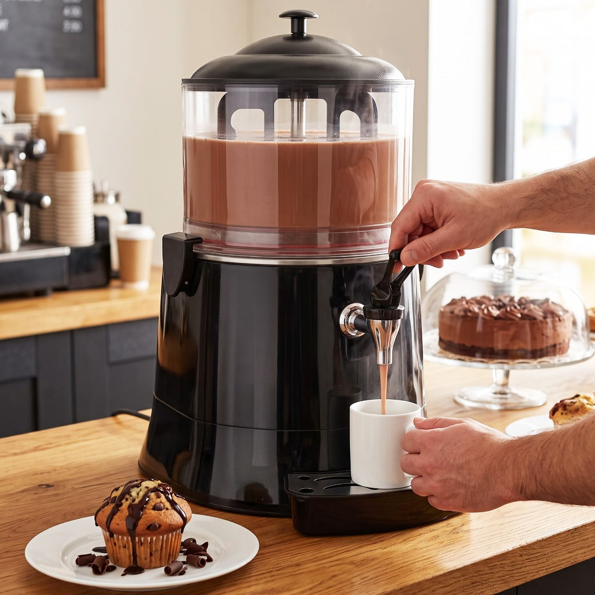 Coldline CHOCO5 hot chocolate dispenser, serving hot chocolate in a cafe
