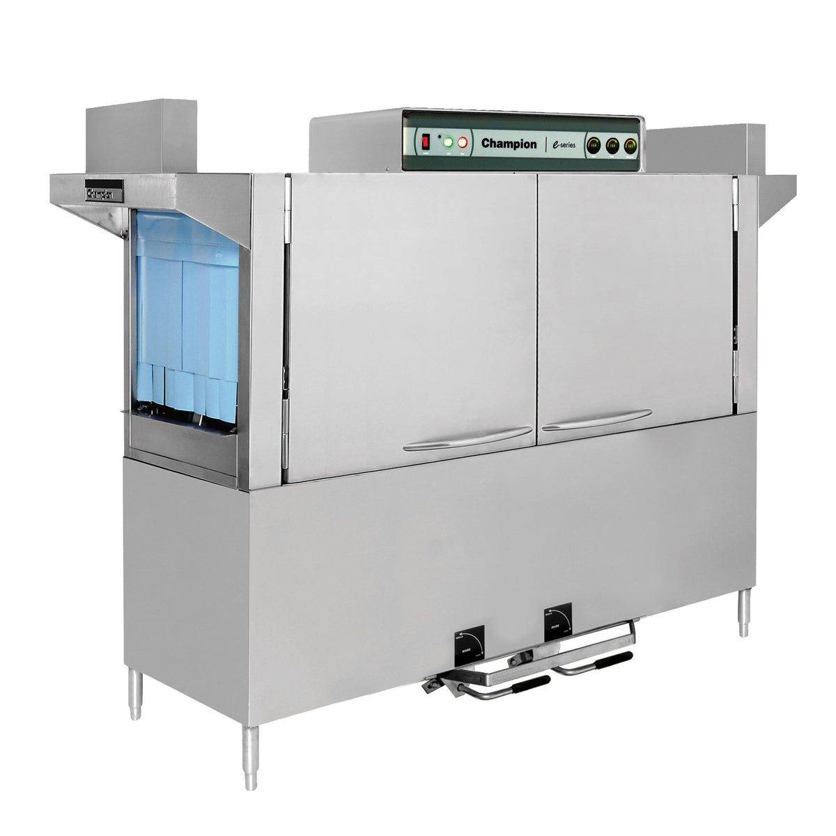 Champion stainless rack conveyor dishwasher, older model shown, front angle view