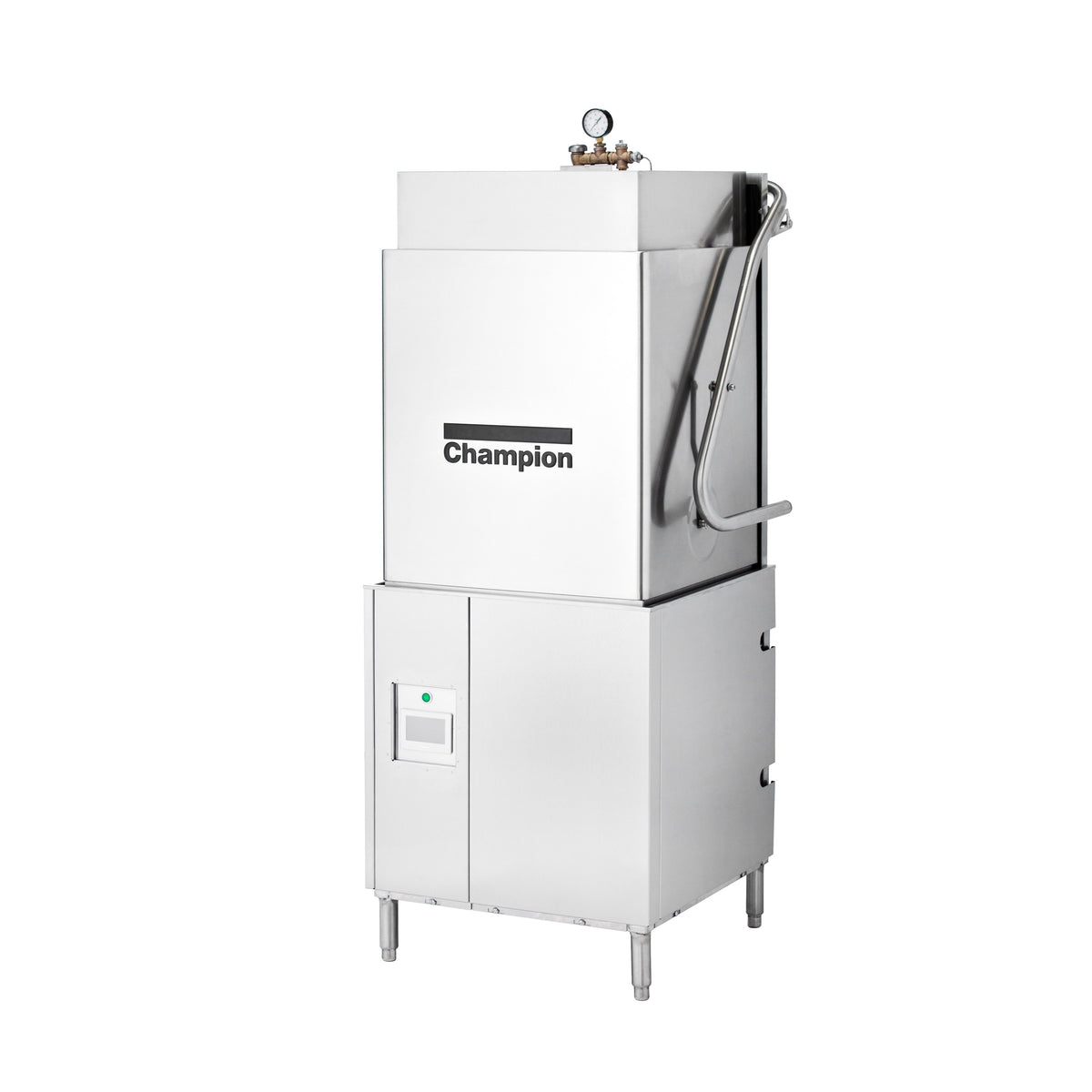 Champion DH-6000T tall hood door-type dishwasher, front angle view, hood closed