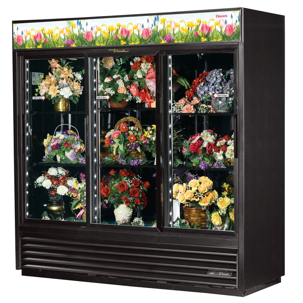 True GDM-69FC-HC-LD 78 1/8" Black Refrigerated Sliding Glass Door Floral Case with LED Lighting