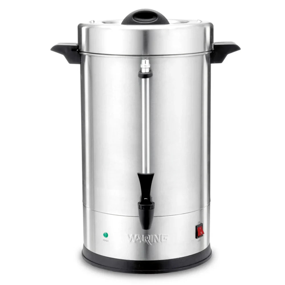 Waring WCU110X 110-cup stainless steel coffee urn with sight gauge and black faucet, front view