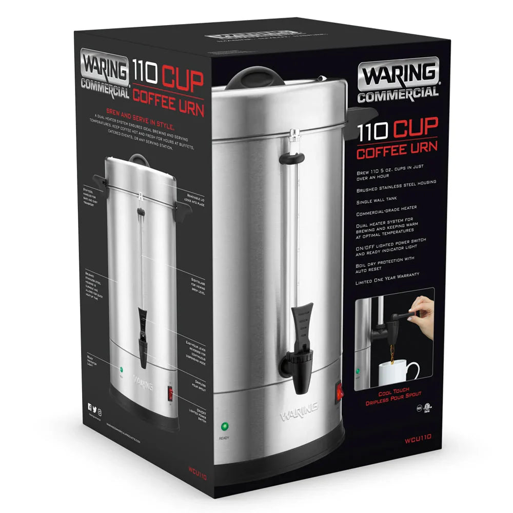 Waring WCU110X 110-cup coffee urn in its retail box