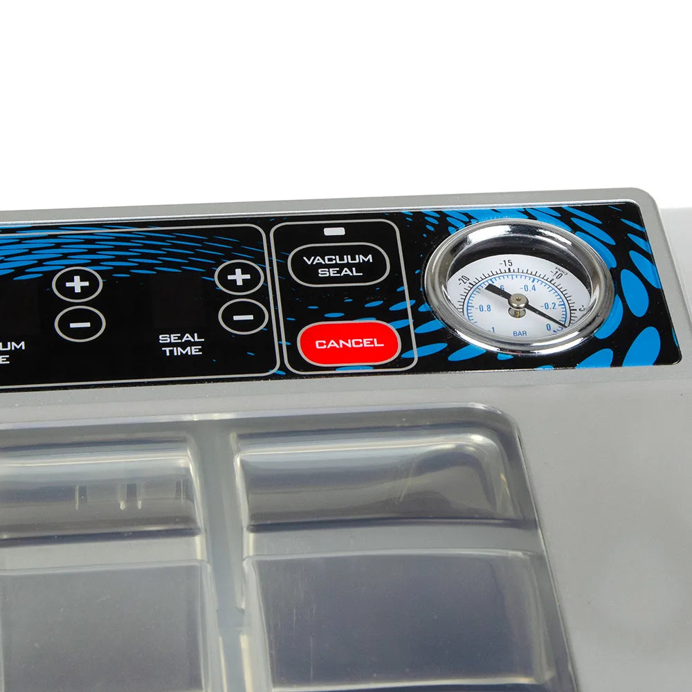 Waring WCV300 chamber vacuum sealer, control panel close-up with vacuum gauge