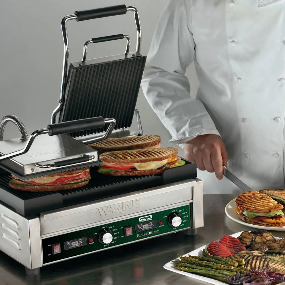 Waring WPG300T Double Commercial Panini Press w/ Cast Iron Grooved Plates, 240v/1ph