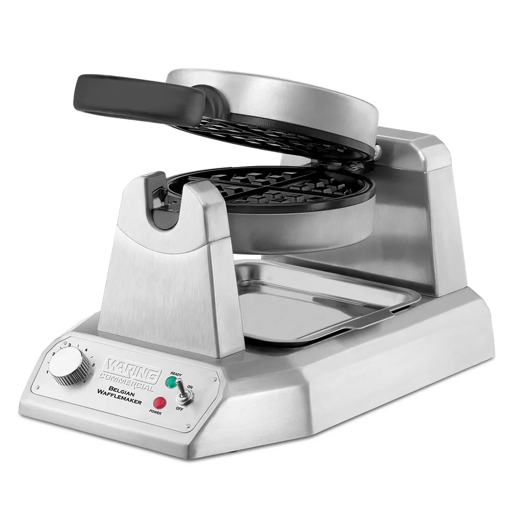 Waring WW180X single Belgian waffle maker, angled view, lid open