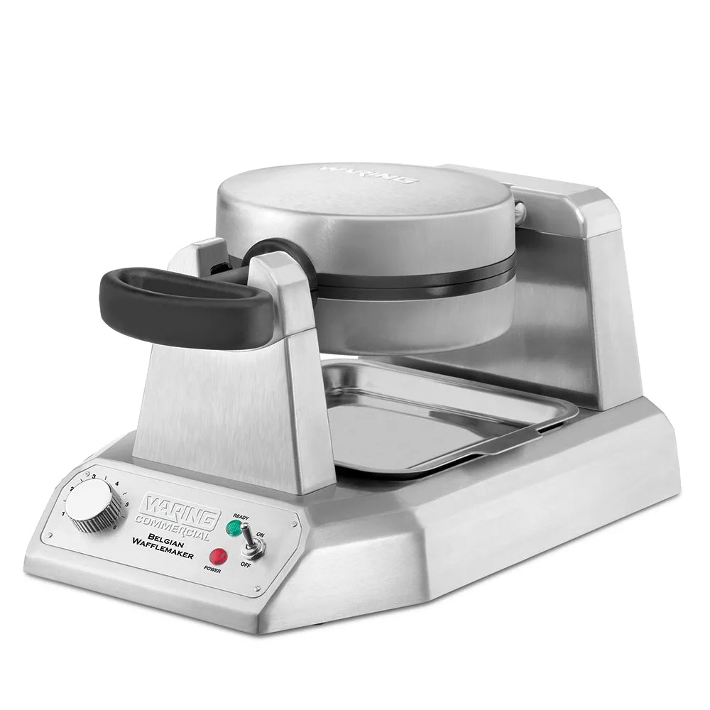 Waring WW180X single Belgian waffle maker, angled view, lid closed