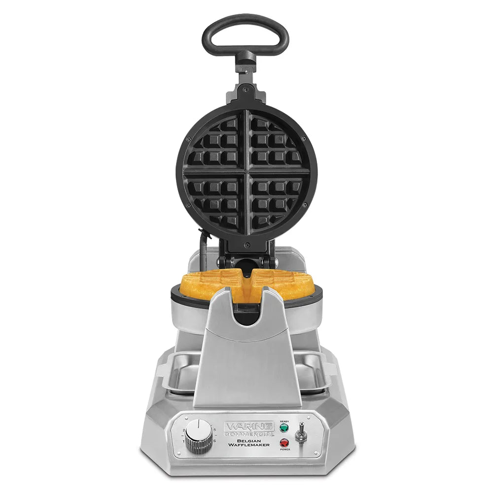 Waring WW180X single Belgian waffle maker, front view, lid open with baked waffle