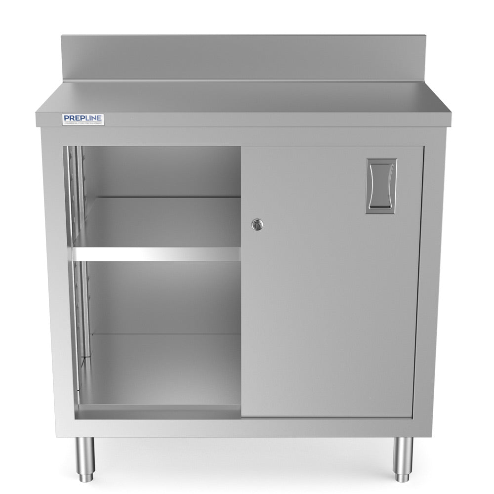 Prepline PCB-1836 stainless steel enclosed base work table, front view, one sliding door open showing the adjustable shelf