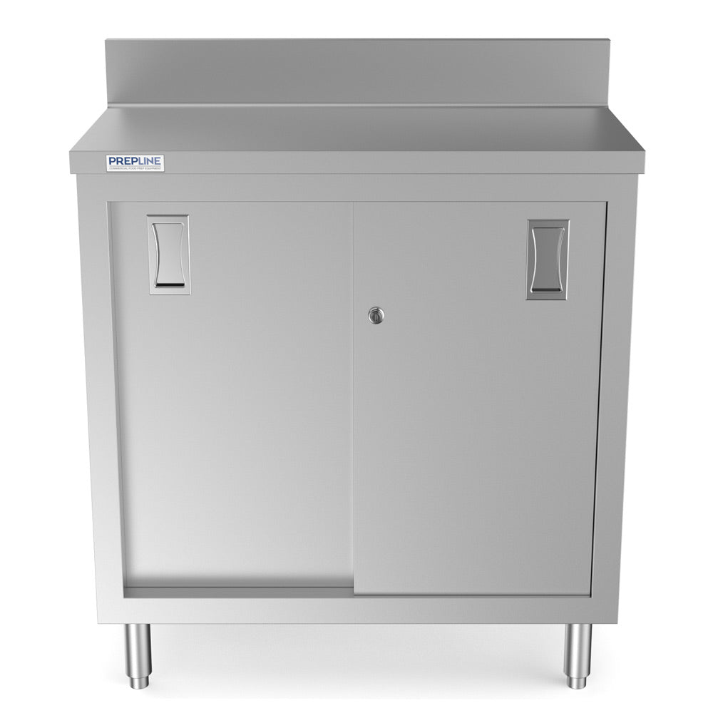 Prepline PCB-1836 stainless steel enclosed base work table, front view, sliding doors closed