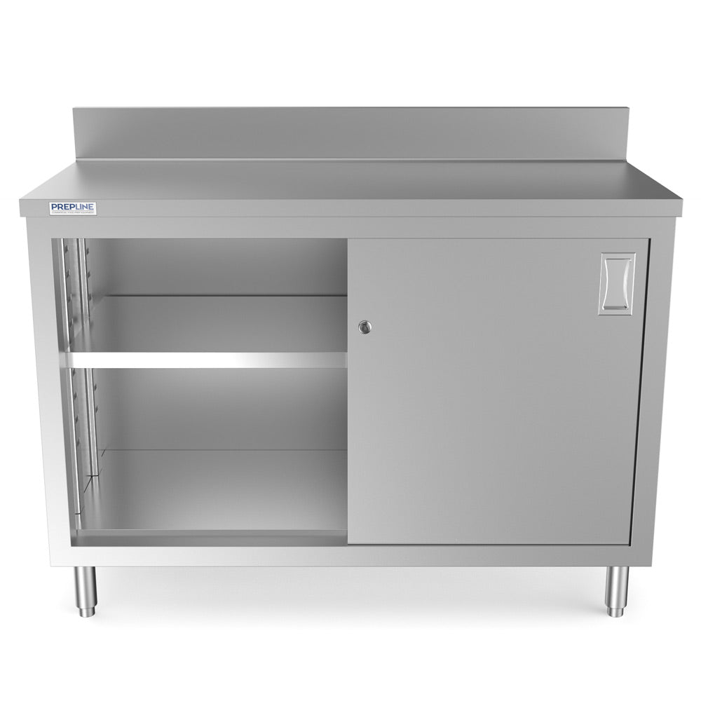 Prepline PCB-1848 stainless steel enclosed base work table, front view, one sliding door open showing the adjustable shelf