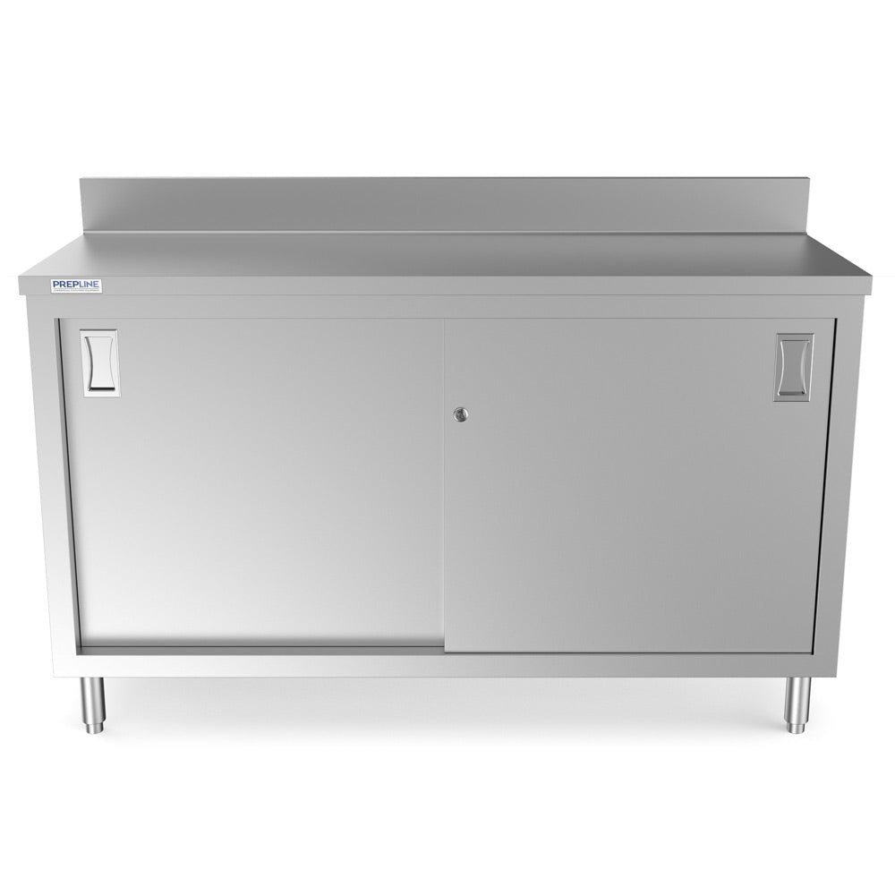 Prepline PCB-1860 stainless steel enclosed base work table, front view, sliding doors closed