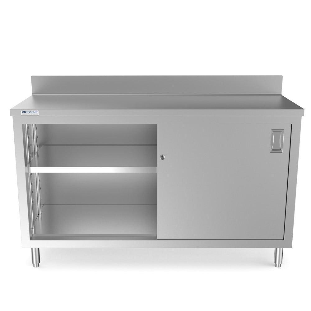 Prepline PCB-1860 stainless steel enclosed base work table, front view, one sliding door open showing the adjustable shelf