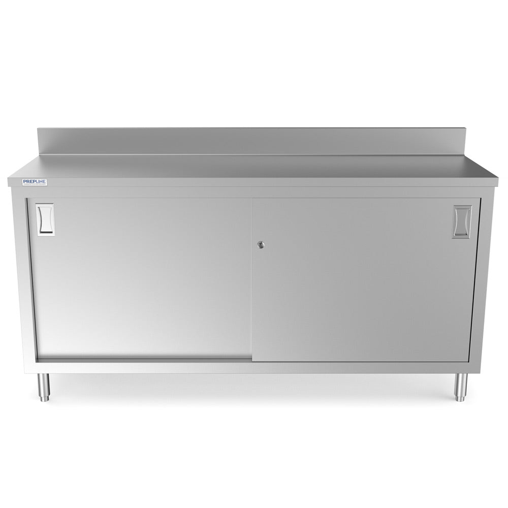 Prepline PCB-1872 stainless steel enclosed base work table, front view, sliding doors closed