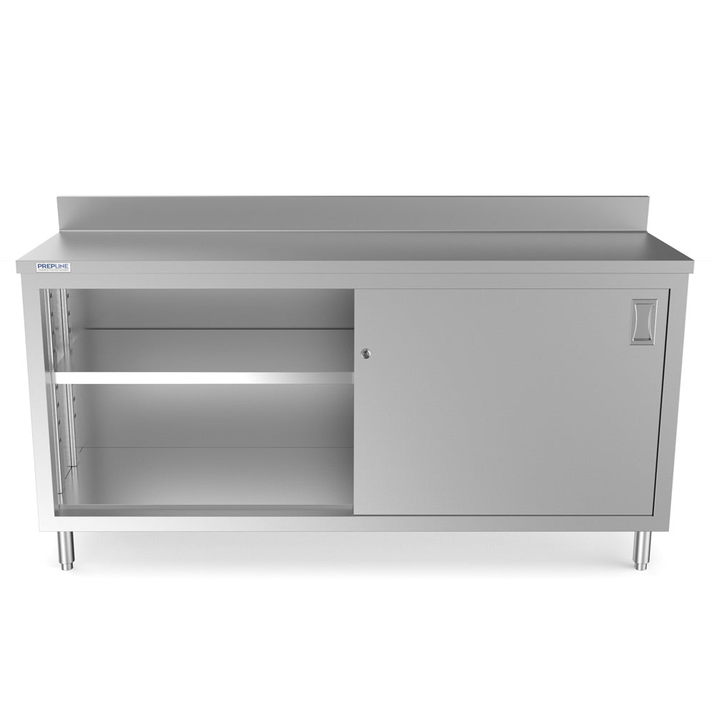 Prepline PCB-1872 stainless steel enclosed base work table, front view, one sliding door open showing the adjustable shelf
