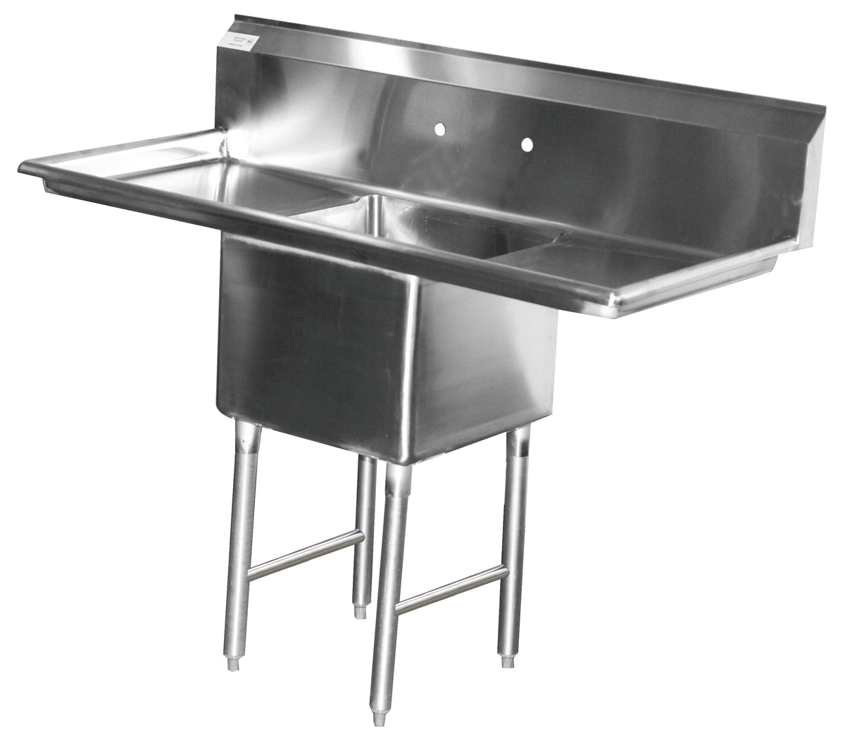 Serv-Ware 14 inch deep heavy duty 1-compartment stainless steel sink, representative photo of the two-drainboard version (1CWPH1824R-18-V has one 18 inch right drainboard)