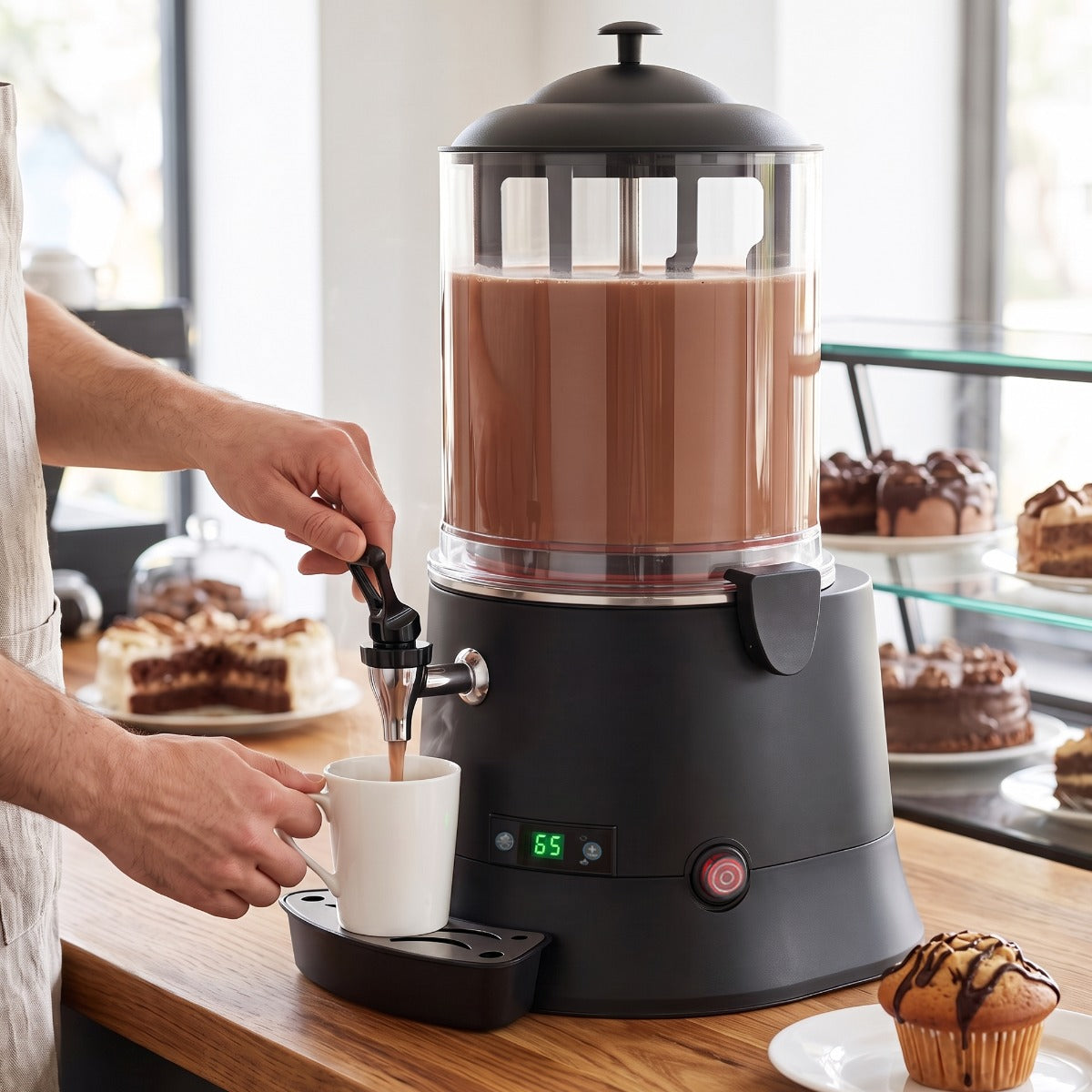 Coldline CHOCO10 hot chocolate dispenser, serving hot chocolate in a cafe