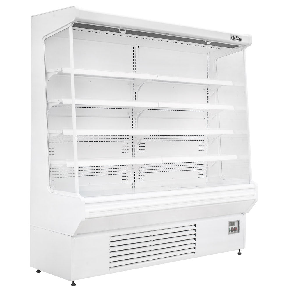 Coldline SOC-76-220-W white open air curtain merchandiser, angled front view, empty