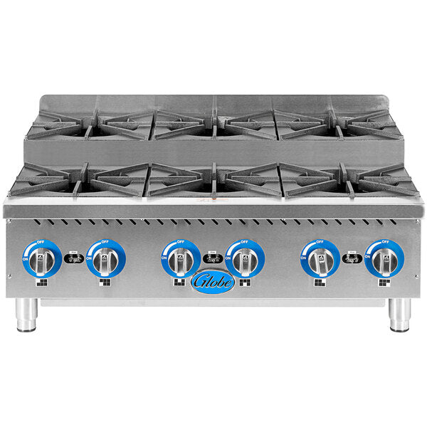 Globe GHPSU636G 36" Gas Countertop Step-Up Range / Hot Plate with 6 Burners