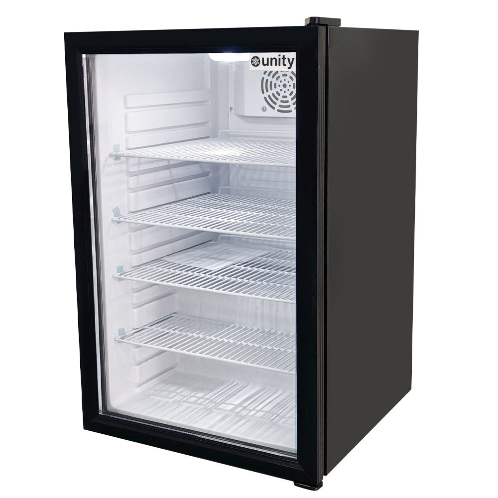 Unity U-CR4 countertop glass door display refrigerator, empty, other front angle view
