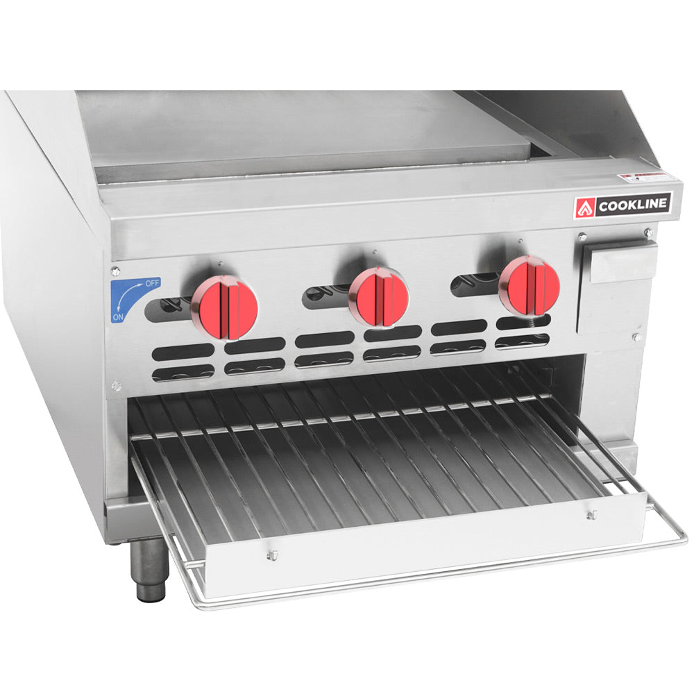 Cookline RGB-24M 24" gas raised griddle broiler, broiler rack pulled out