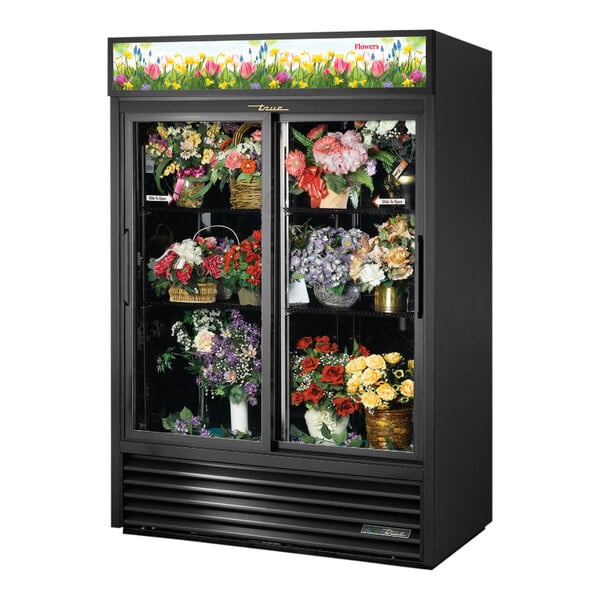 True GDM-47FC-HC-LD 54 1/8" Black Refrigerated Sliding Glass Door Floral Case with LED Lighting