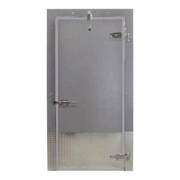 Curtron 36" x 84" Embossed Gray Galvalume Steel Cold Storage Infitting Single Swinging Freezer Door with Heated Frame and Left-Side Handle