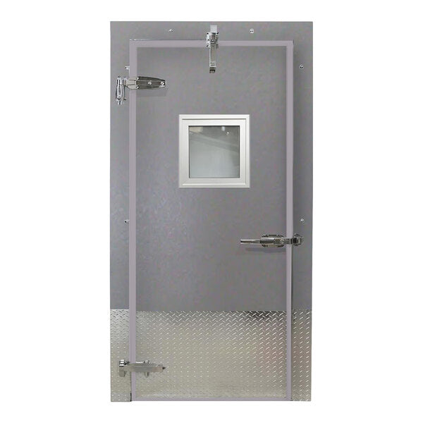Curtron 36" x 84" Embossed Gray Galvalume Steel Cold Storage Infitting Single Swinging Freezer Door with Heated Frame, Window, and Right-Side Handle