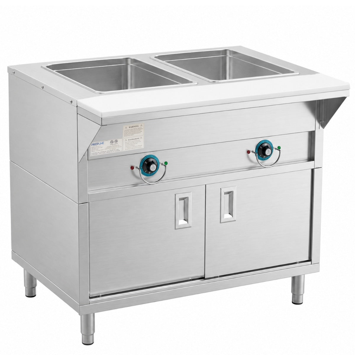 Prepline ESTC30-2S 2-well electric steam table, angled front view with sliding doors closed