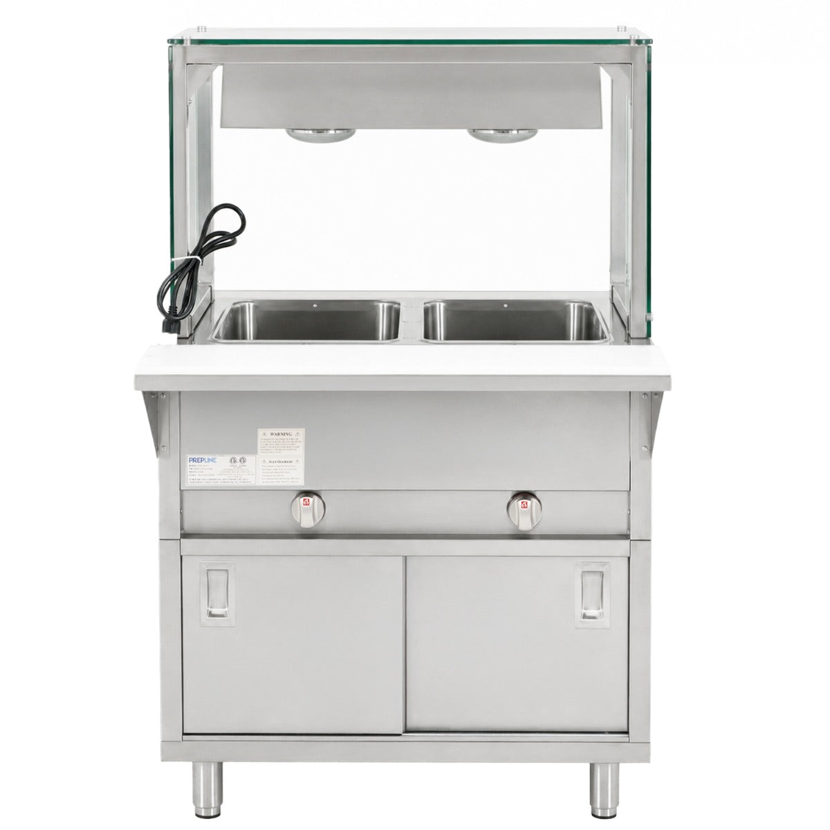 Prepline GSTC30-2S-LT gas steam table with lighted sneeze guard, front view