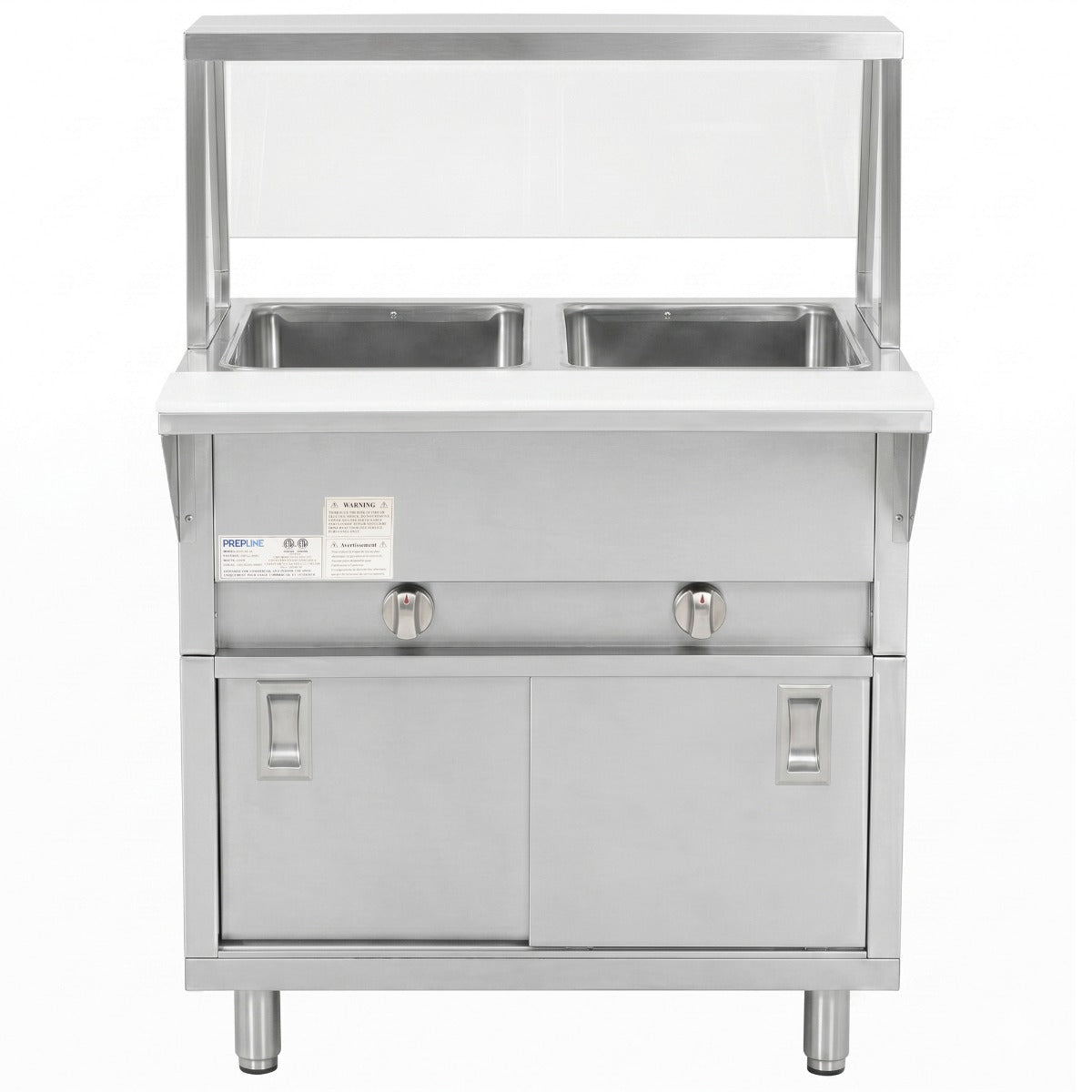 Prepline GSTC30-2S-SG gas steam table with sneeze guard, front view