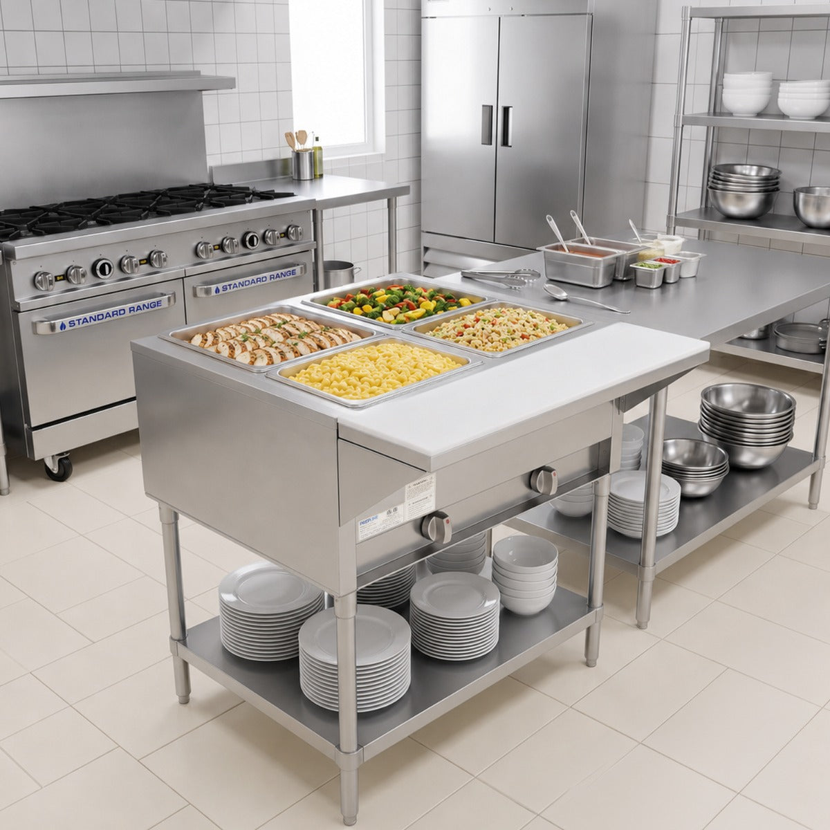 Prepline GST30-2O gas steam table, holding food in a commercial kitchen