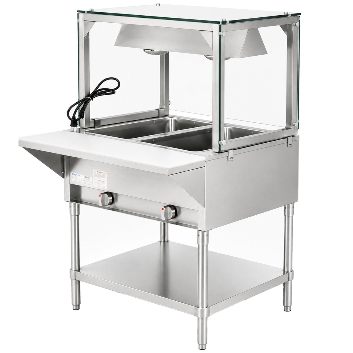 Prepline GST30-2O-LT gas steam table with lighted sneeze guard, angled front view