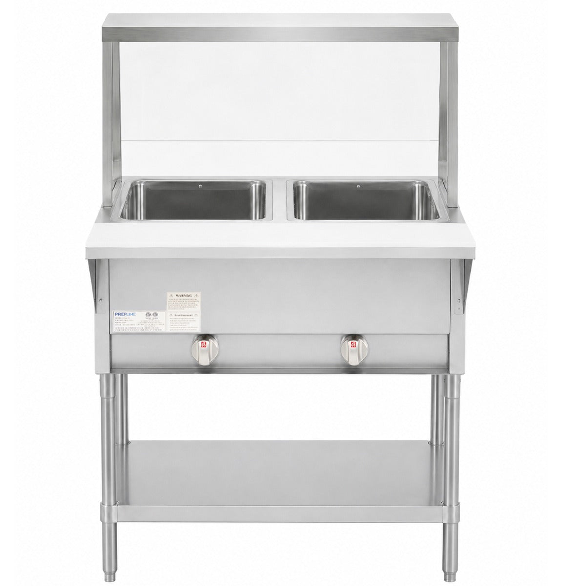 Prepline GST30-2O-SG gas steam table with sneeze guard, front view
