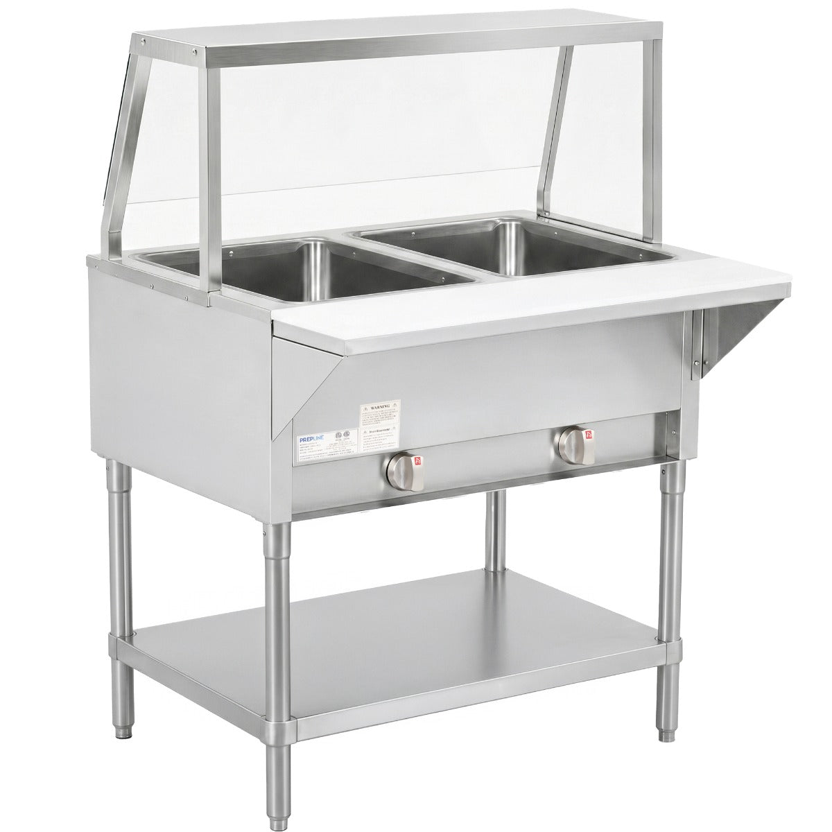 Prepline GST30-2O-SG gas steam table with sneeze guard, angled front view