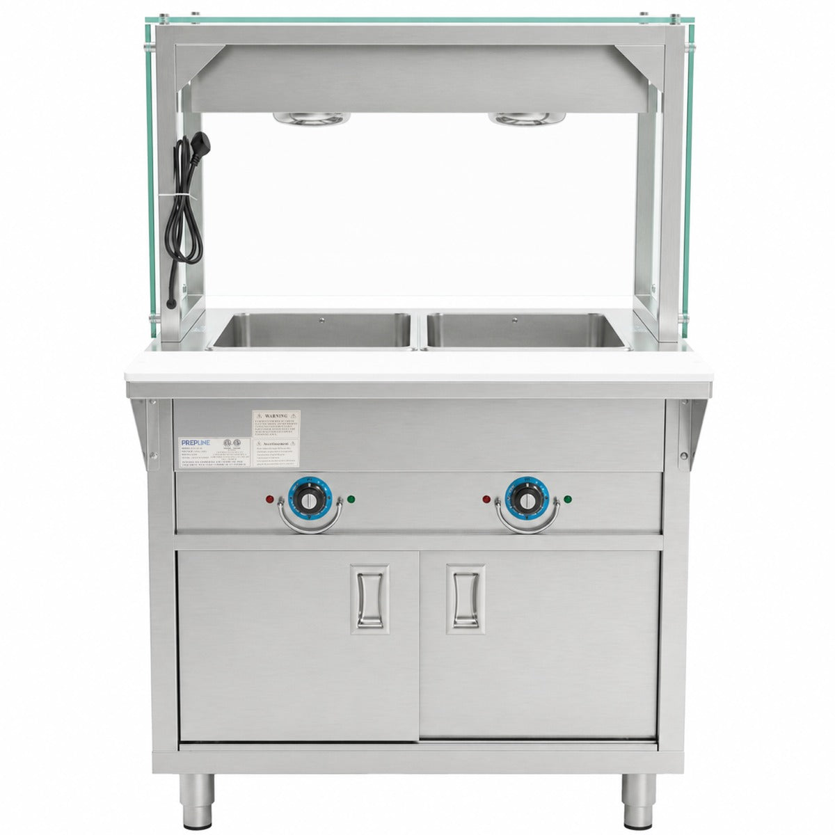 Prepline ESTC30-2S-LT electric steam table with lighted sneeze guard, front view