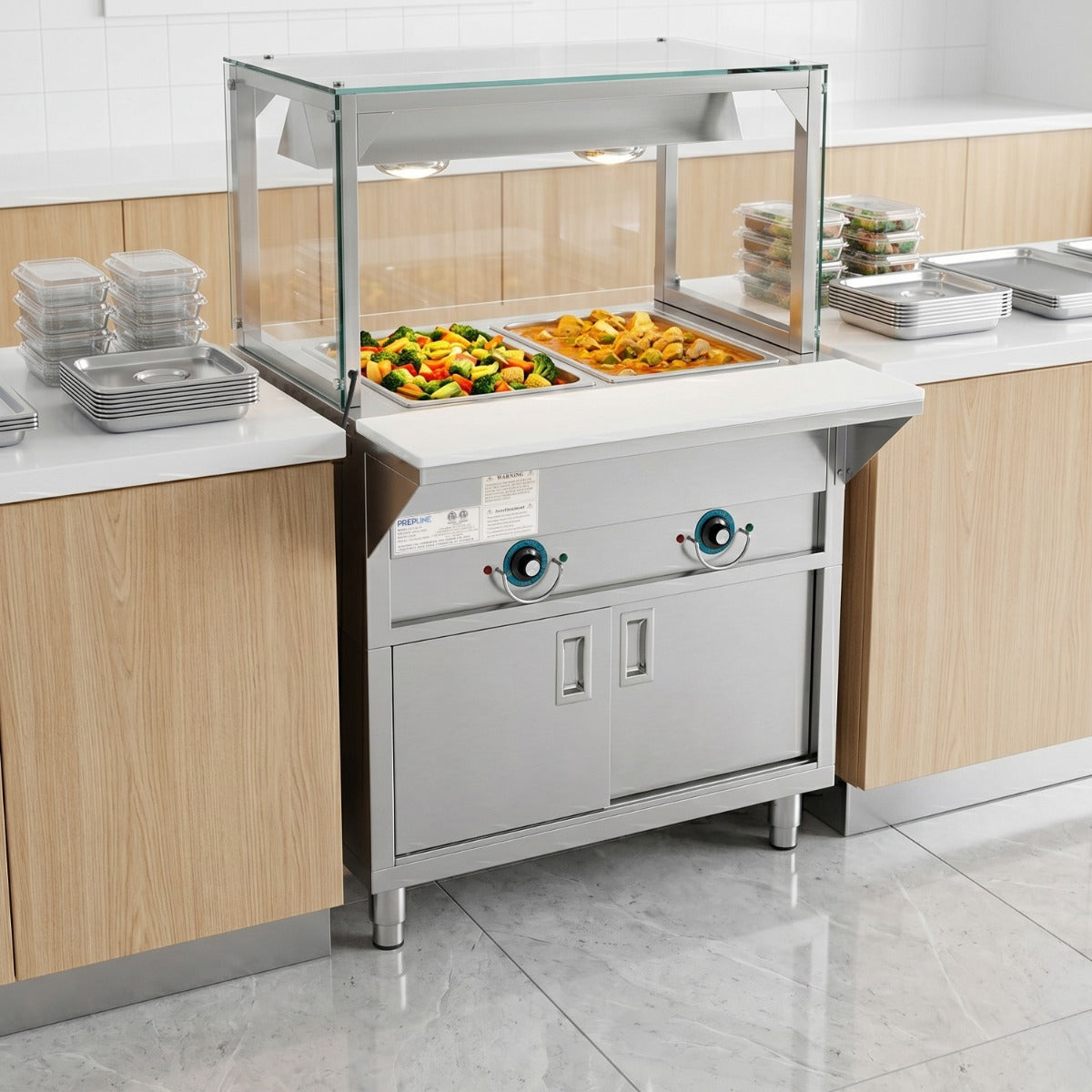 Prepline ESTC30-2S-LT electric steam table with lighted sneeze guard, holding food on a serving line