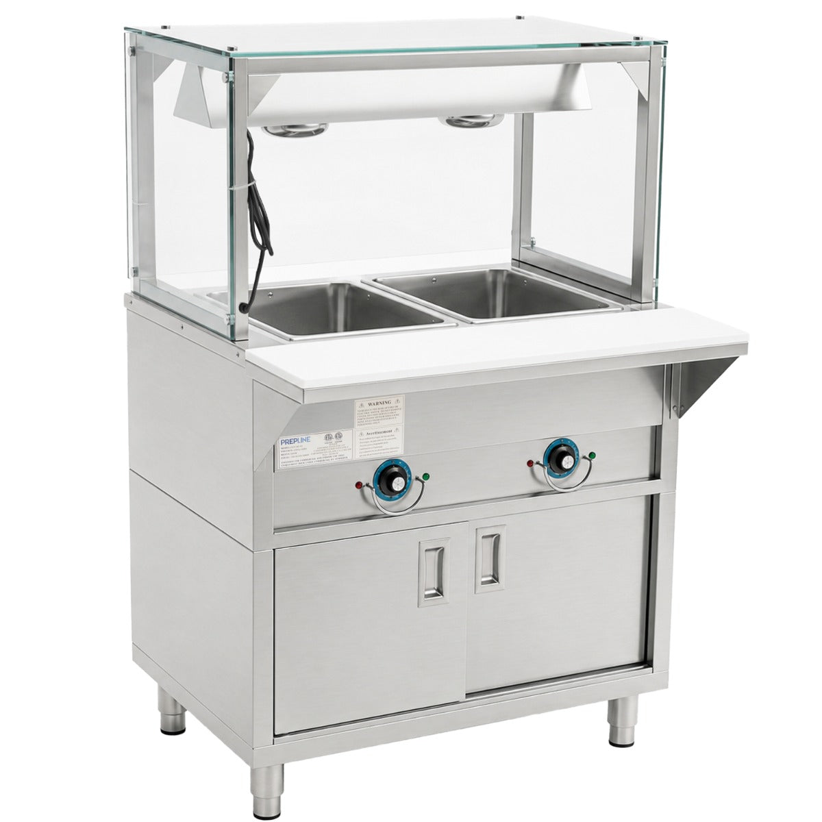 Prepline ESTC30-2S-LT electric steam table with lighted sneeze guard, angled front view
