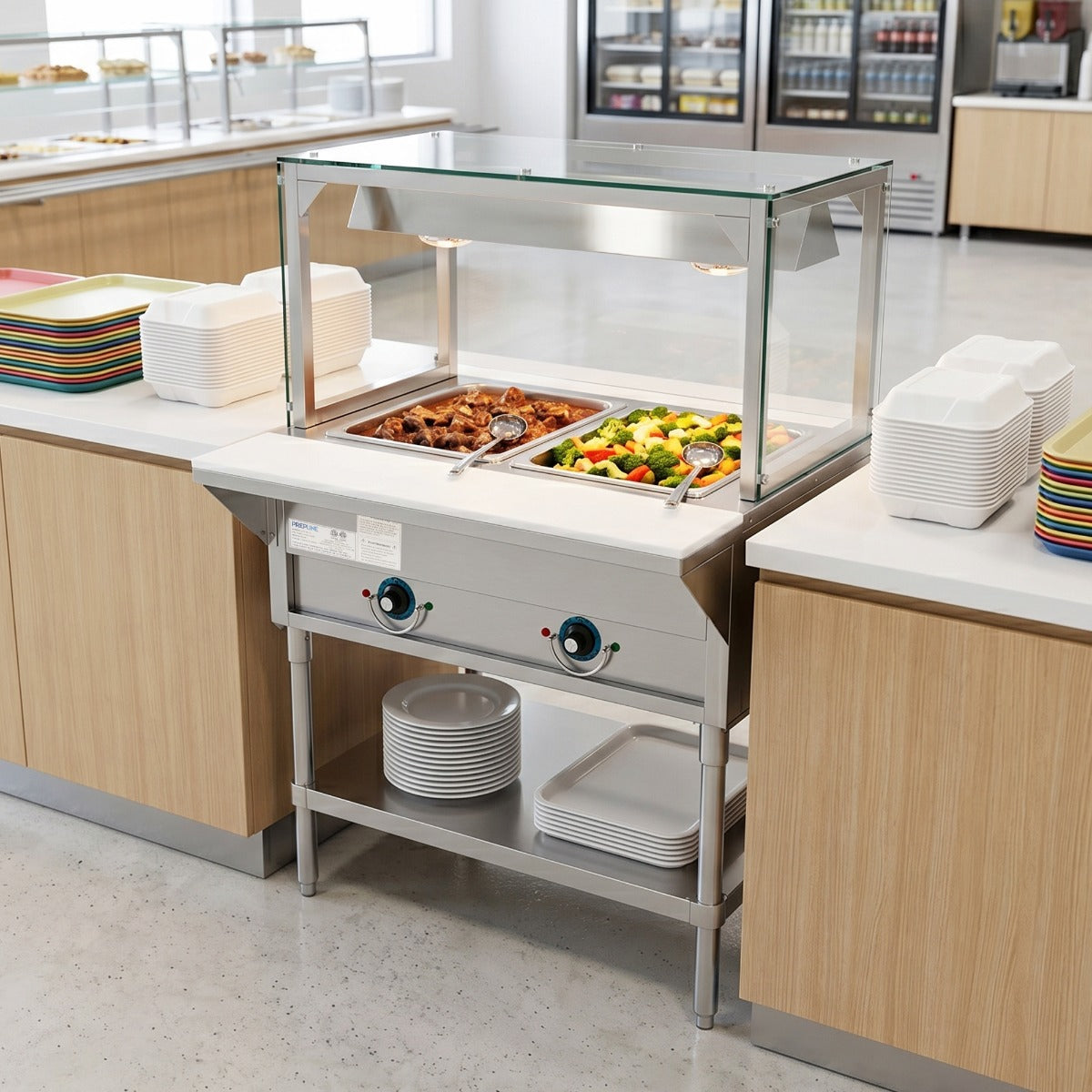 Prepline EST30-2O-LT electric steam table with lighted sneeze guard, holding food on a serving line
