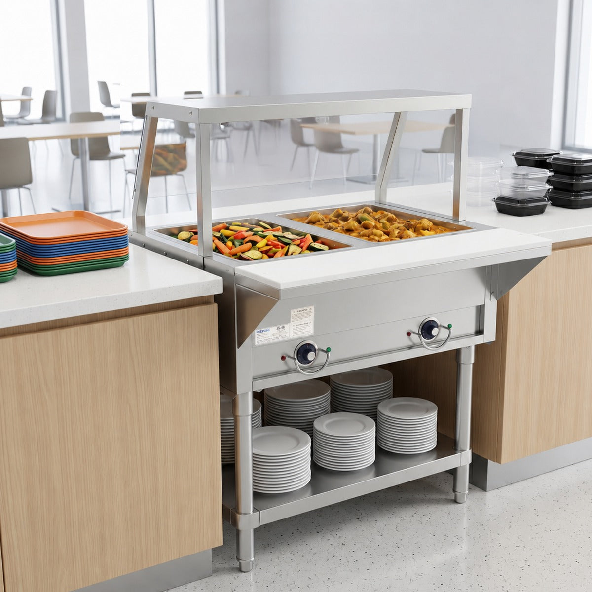 Prepline EST30-2O-SG electric steam table with sneeze guard, holding food on a serving line