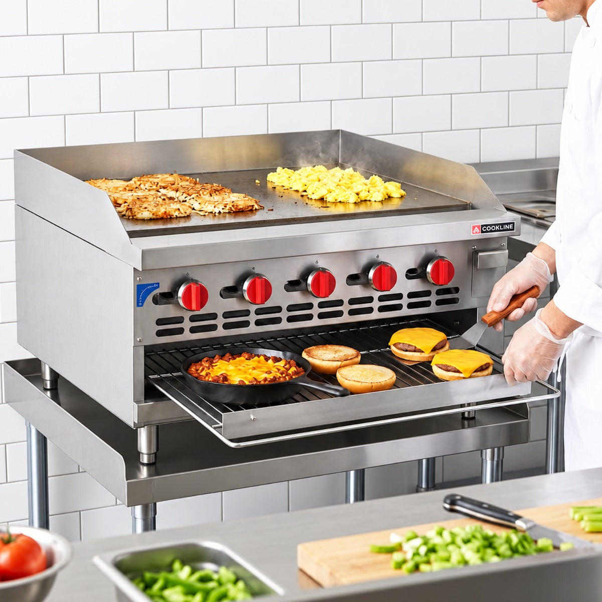 Cookline RGB-36M 36" gas raised griddle broiler, in use, griddle and broiler cooking breakfast