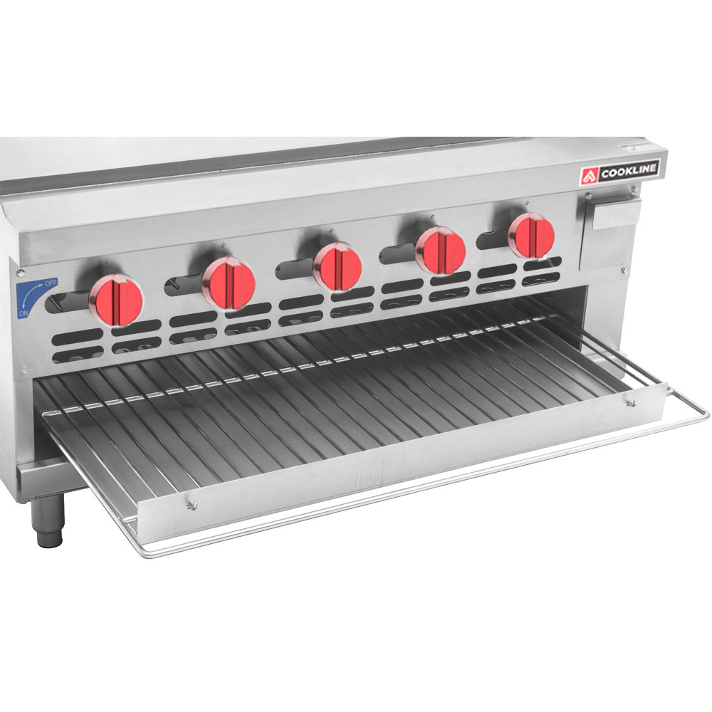 Cookline RGB-36M 36" gas raised griddle broiler, broiler rack pulled out
