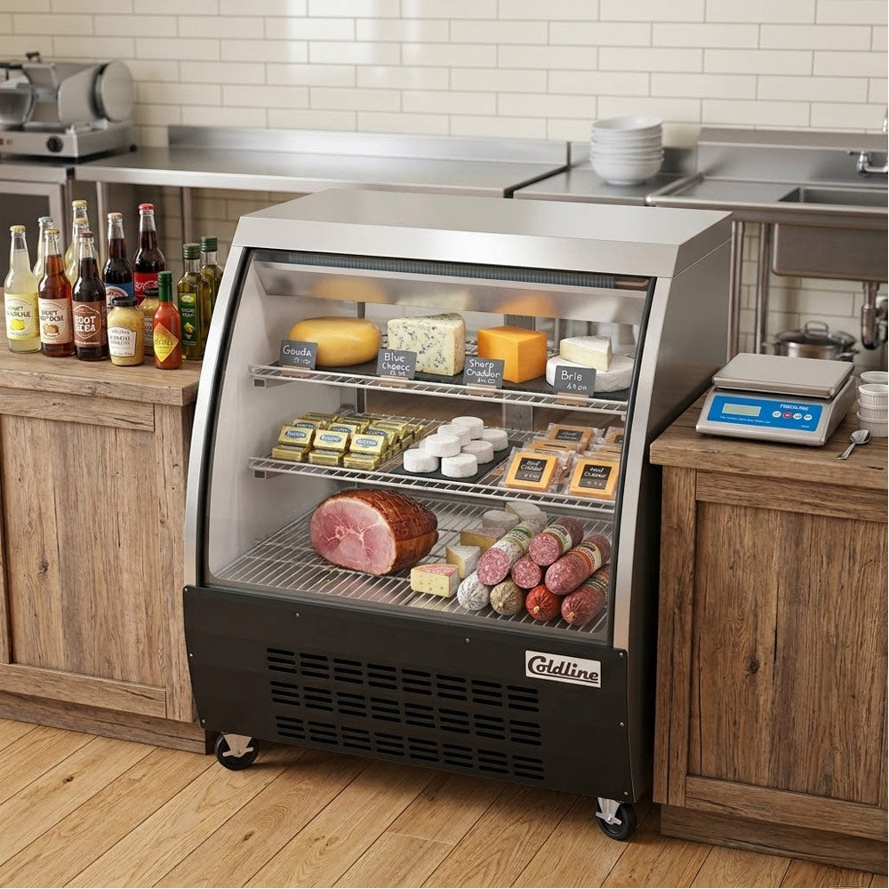 Coldline DC36-B black curved glass deli display case, stocked with deli meats and cheeses (representative image)