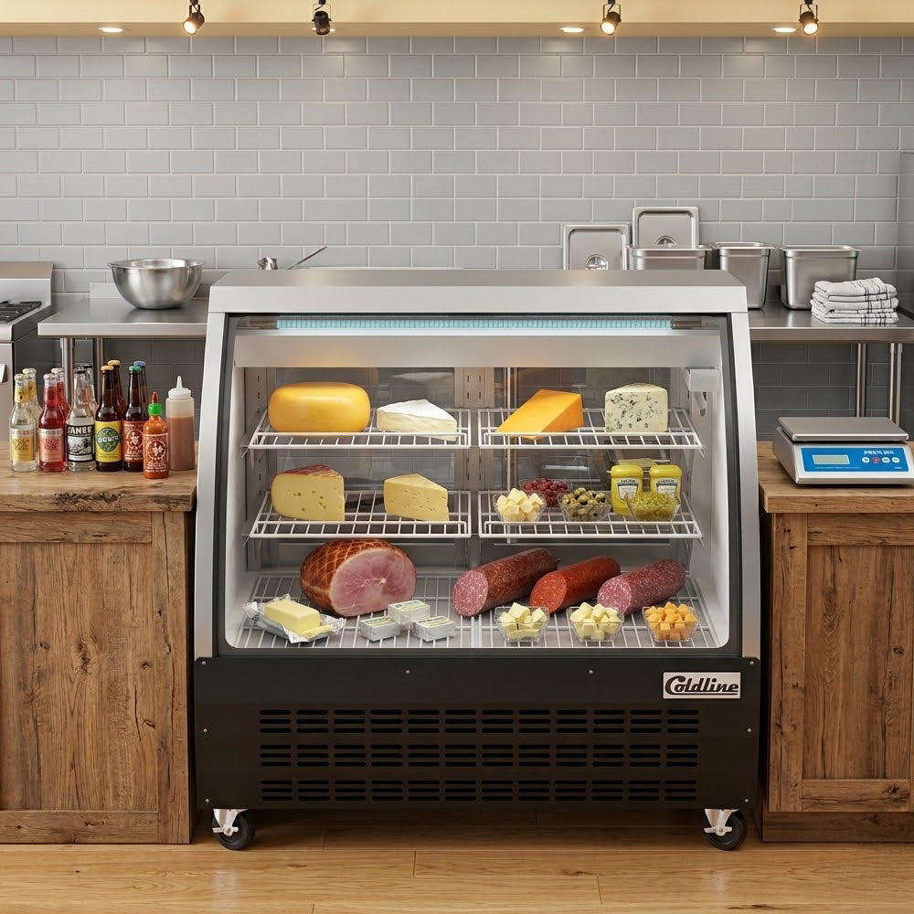 Coldline DC48-B black curved glass deli display case, stocked with deli meats and cheeses (representative image)