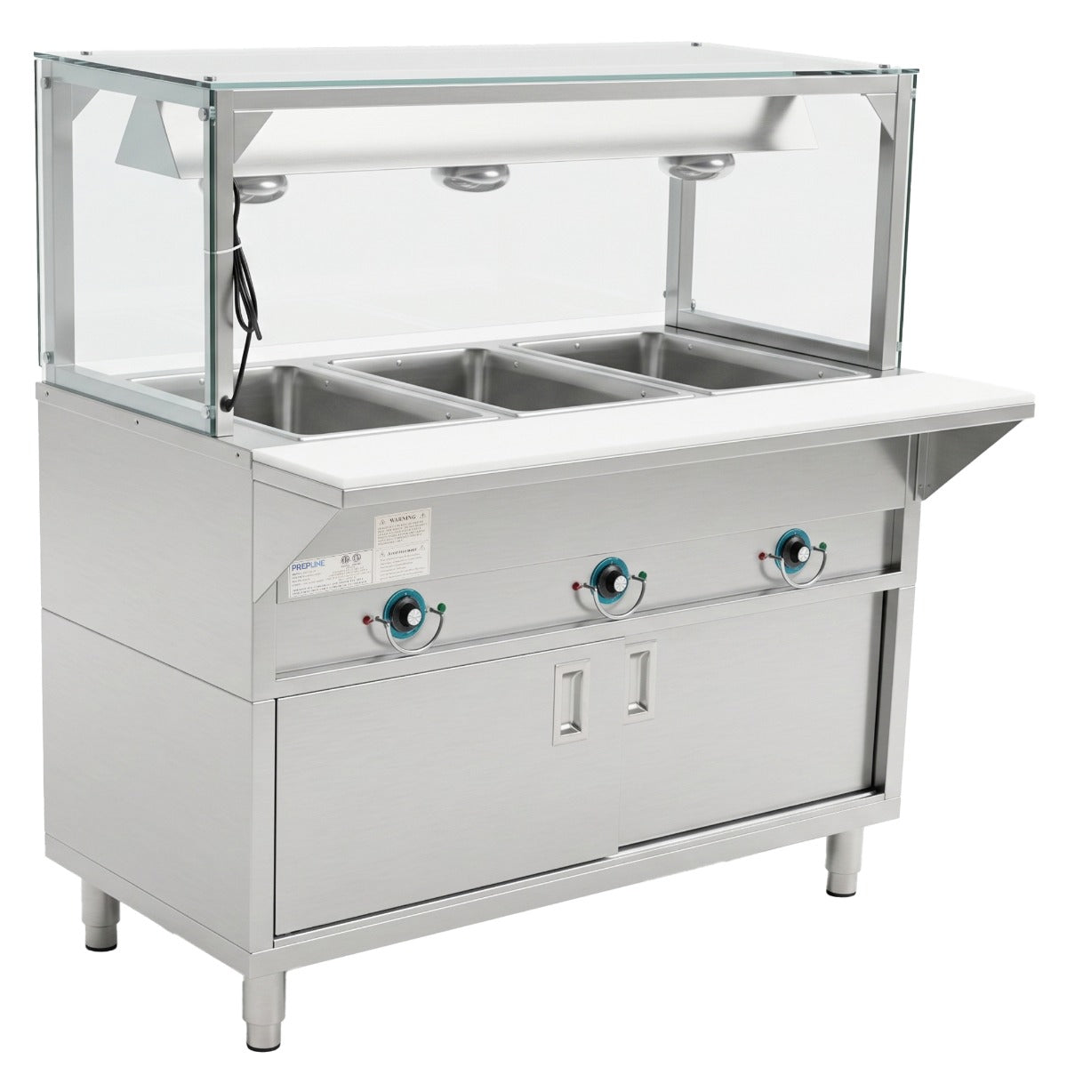 Prepline ESTC48-3S-LT electric steam table with lighted sneeze guard, angled front view
