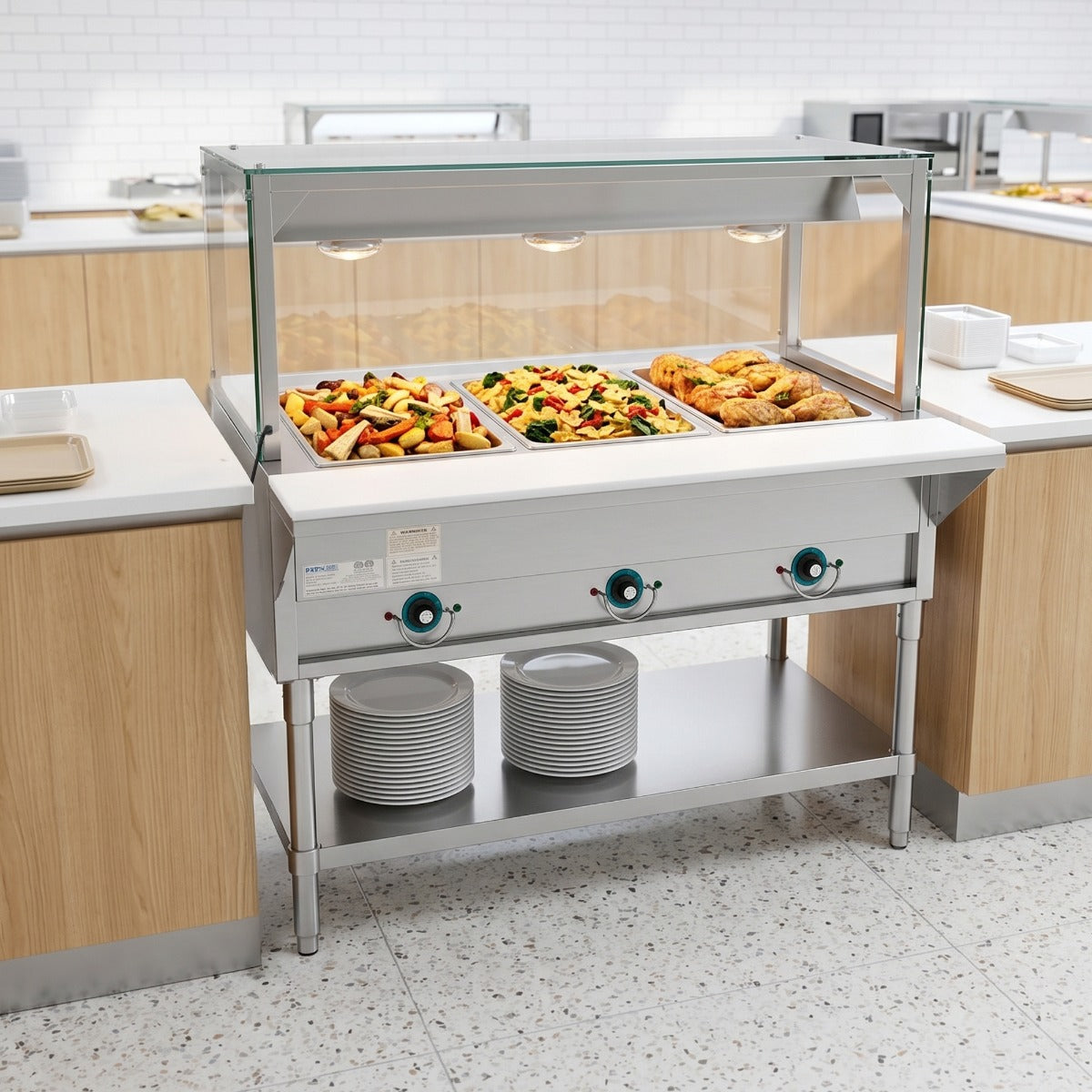 Prepline EST48-3O-LT electric steam table with lighted sneeze guard, holding food on a serving line