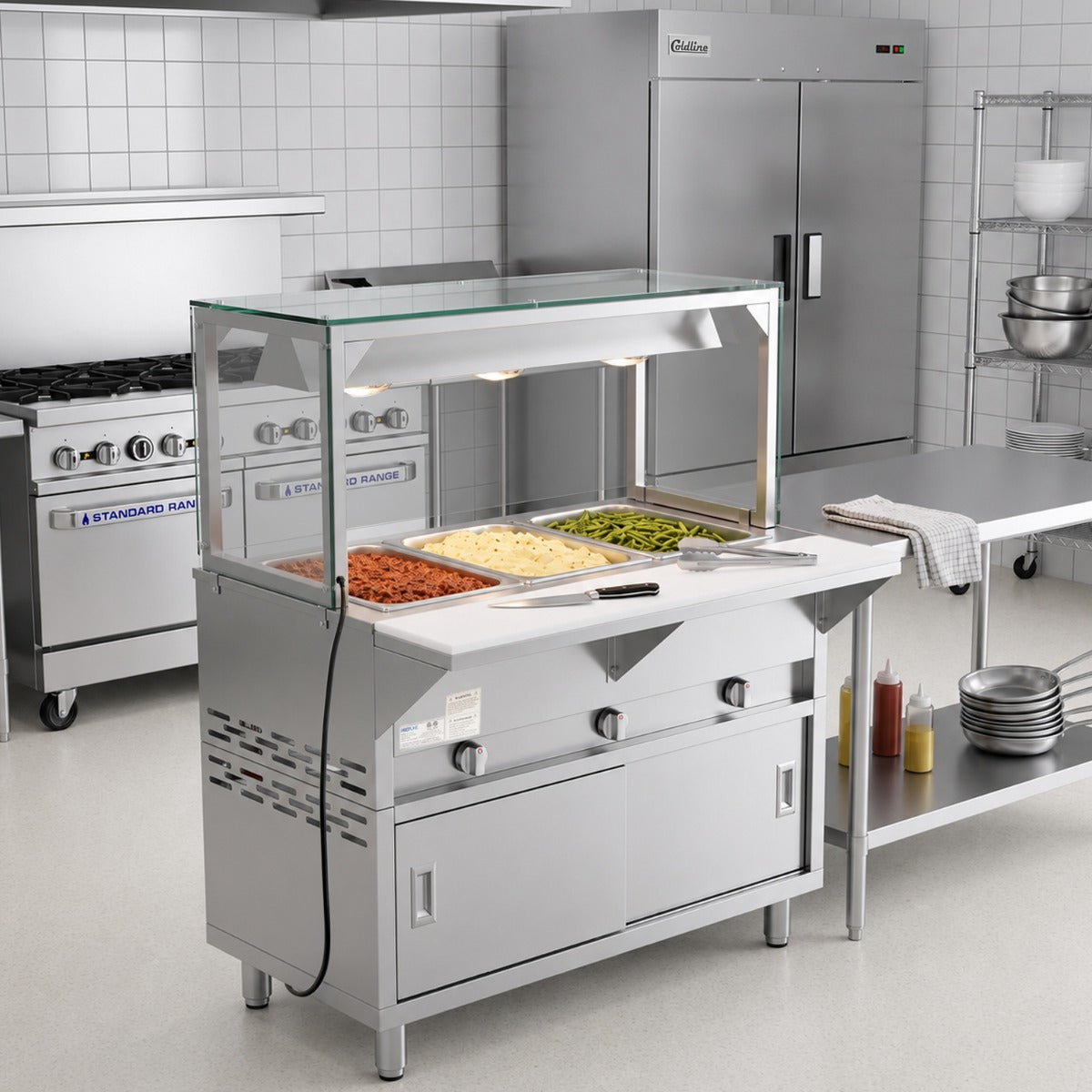 Prepline GSTC48-3S-LT gas steam table with lighted sneeze guard, holding food pans in a kitchen