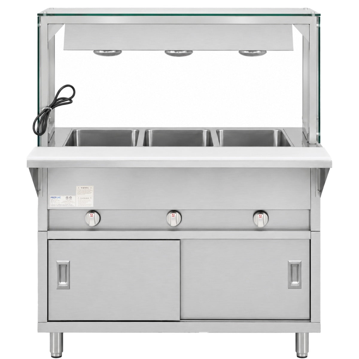 Prepline GSTC48-3S-LT gas steam table with lighted sneeze guard, front view