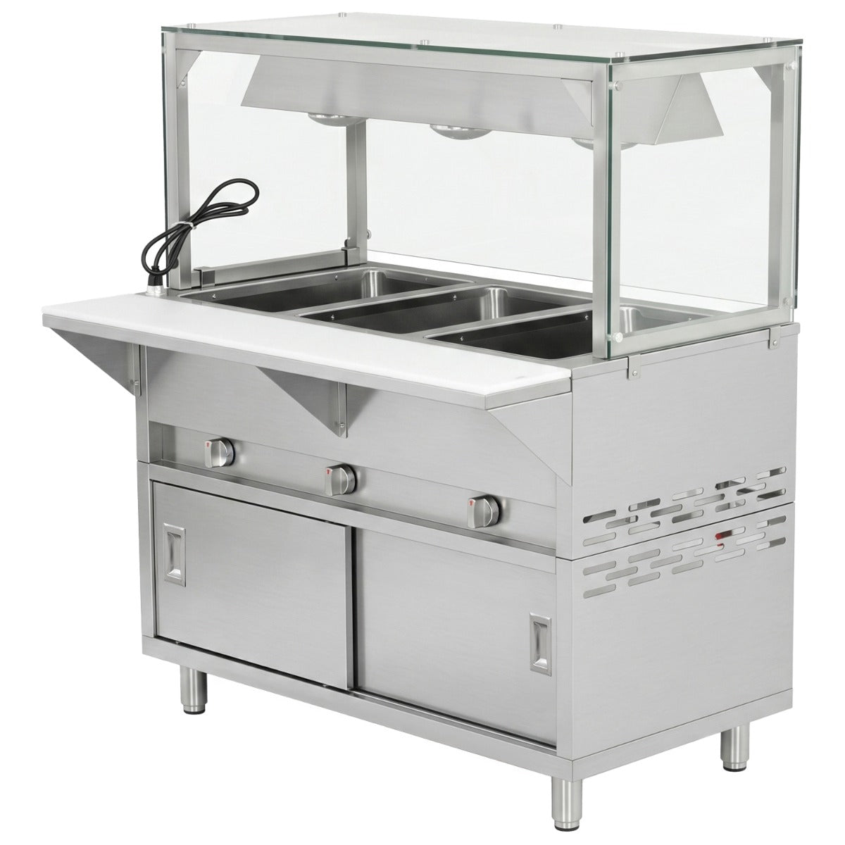 Prepline GSTC48-3S-LT gas steam table with lighted sneeze guard, angled front view