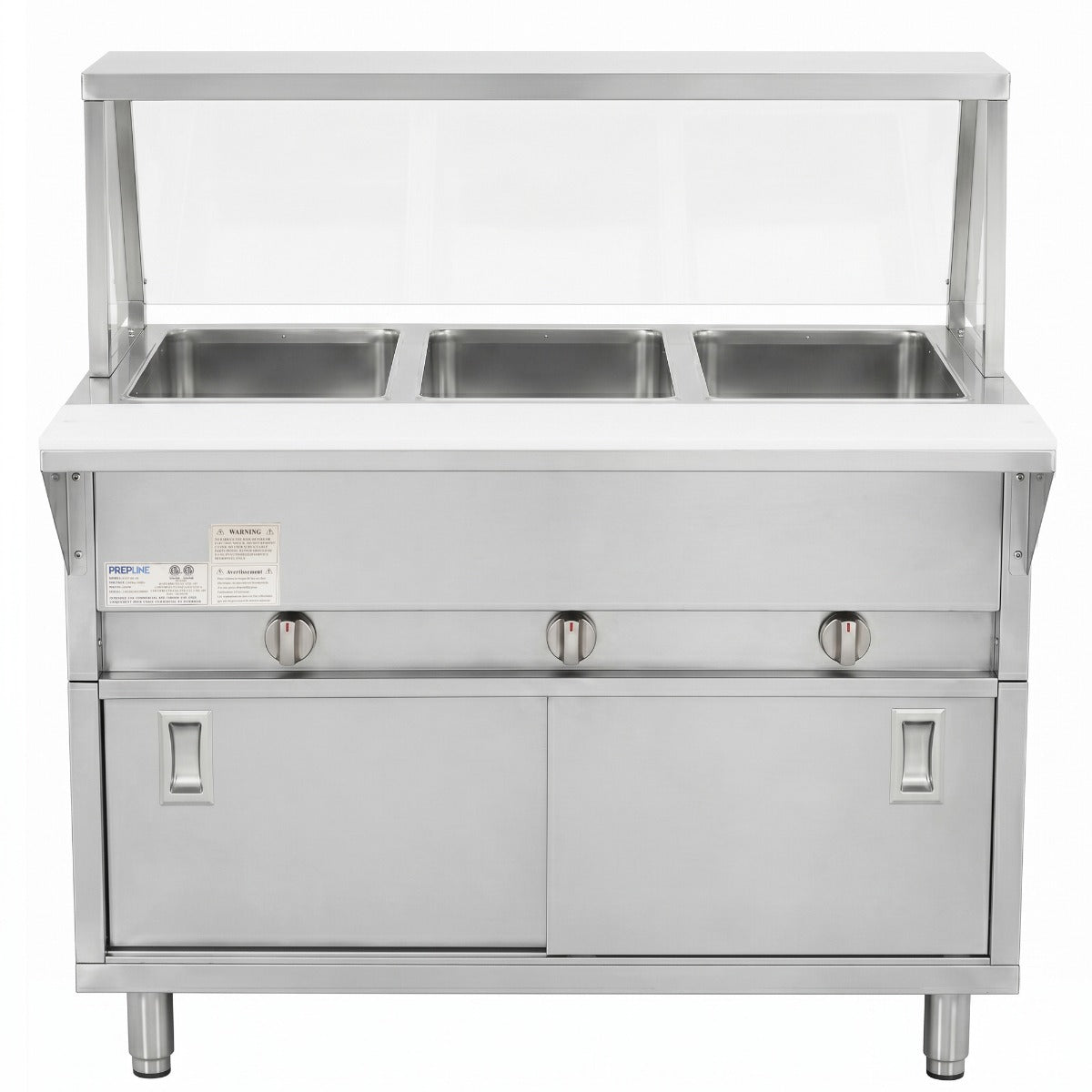 Prepline GSTC48-3S-SG gas steam table with sneeze guard, front view
